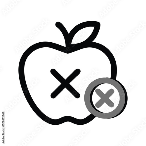 An apple with a cross symbol indicating a health or dietary restriction