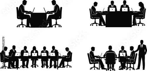 Business meeting silhouette, office teamwork, laptop collaboration, professional staff, workplace interaction, corporate group, vector illustration, business people, formal setting