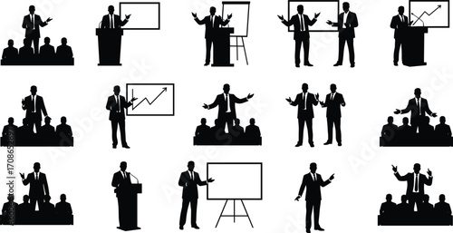 Business presentation silhouette set, professional speaker scenes, corporate training, audience engagement, growth chart visuals, vector illustration, lecture concept, business people