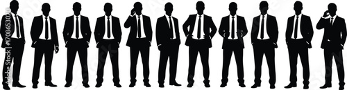 Business professionals silhouette, corporate team, formal attire, diverse posture, office staff, leadership concept, workplace unity, vector illustration, business people