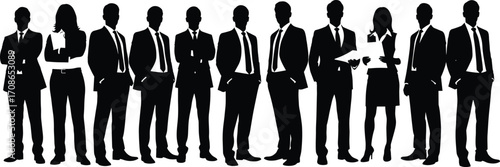 Business professionals silhouette, corporate team, formal attire, leadership concept, office staff, workplace diversity, standing pose, vector illustration, business people