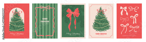 Vintage collection of Christmas greeting card designs with hand drawn illustrations of Christmas tree and various festive bows. Created in retro style with light paper texture for posters or social