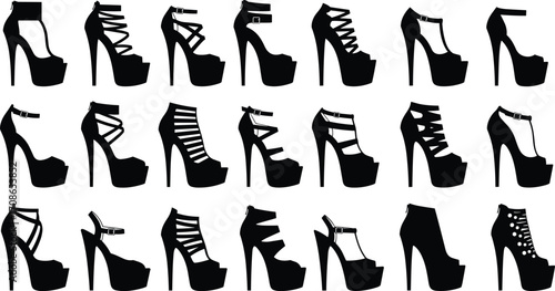 High heel silhouette set, platform shoe styles, fashion footwear icons, elegant women’s shoes, strap variations, vector illustration, stylish design collection