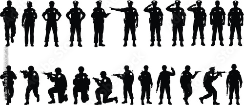 Police officer silhouettes in uniform, formal and tactical poses, saluting, aiming, kneeling, vector illustration for law enforcement, protection, discipline themes