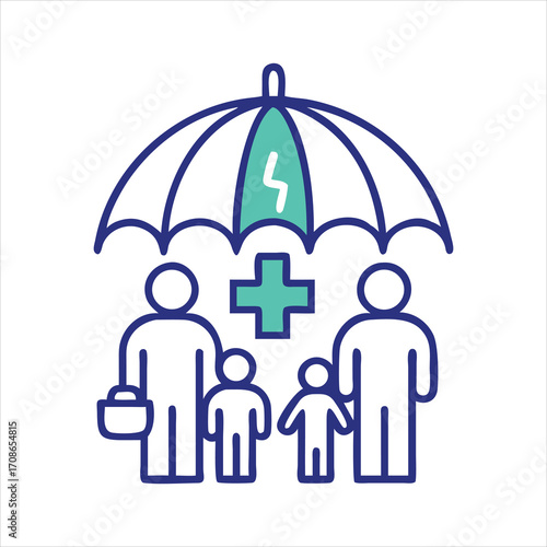 Illustration of family under umbrella with plus sign