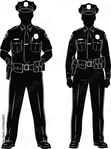 Police officer silhouettes in uniform, standing side by side with hands behind back and relaxed pose, vector illustration for law enforcement, authority, discipline themes