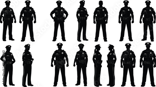 Police officer silhouettes in uniform, standing in varied poses and directions, vector illustration for law enforcement, discipline, authority, protection themes