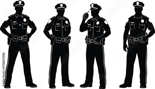 Police officer silhouettes in uniform, standing with hands on hips, in pockets, using radio, and resting on belt, vector illustration for law enforcement themes
