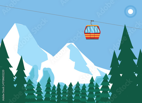 Cable cars or aerial lift on winter landscape with mountains. Nature vector illustration.