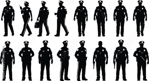 Police officer silhouettes in uniform, walking, standing, using radio, holding firearm and briefcase, vector illustration for law enforcement, patrol, protection themes