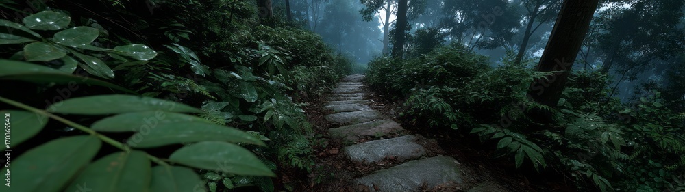 Fototapeta premium Aerial panoramic view of lush forest pathway nature hdr environment serene atmosphere high dynamic range imaging