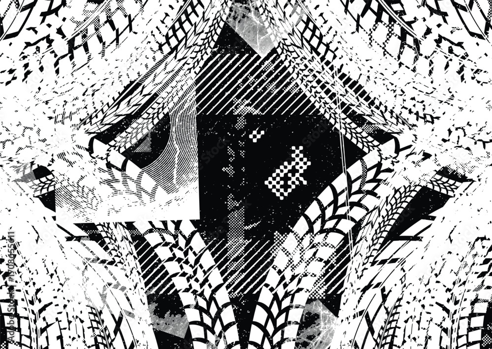 Naklejka premium Vector Print Textured Tire Track border frame. Design Element . Car tread silhouette . Mud splash grunge texture. Drift show 