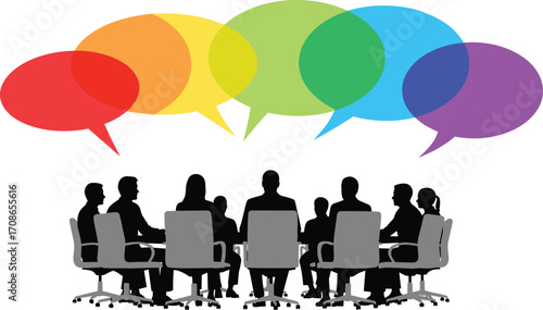 Silhouette of business meeting with speech bubbles, group discussion, idea exchange, teamwork and communication icons for corporate, design, and branding