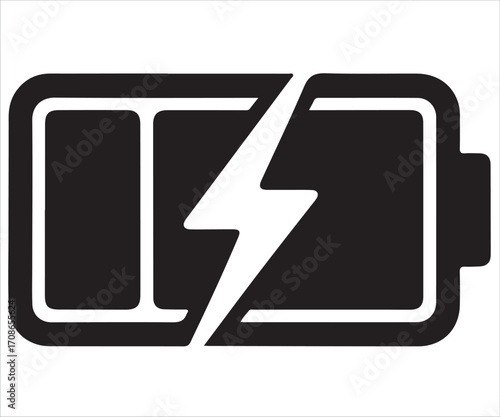 : Black silhouette of battery with lightning bolt isolated on white background, simple vector illustration for energy, electricity, charging, power supply, technology, device, portable electronics, an