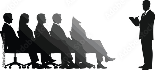 Silhouette of business presentation scene, seated professionals with layered shadows, corporate meeting and communication icons for office, branding, and design