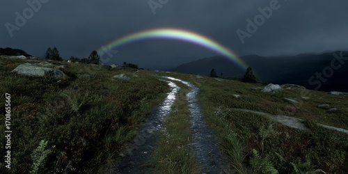 Panoramic hdr rainbow over serene landscape path nature photography tranquil environment dramatic viewpoint
