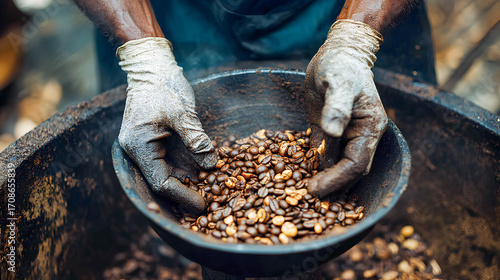 Hands of a local farmer carefully sorting freshly roasted coffee beans in a rural workshop during the warm afternoon light