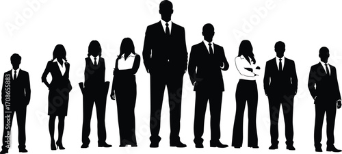Silhouette of business team in formal attire, leadership and posture diversity icons for corporate structure, branding, presentation, and design themes