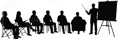 Silhouette of classroom or seminar scene, presenter with pointer and seated audience for education, training, communication, and instructional design themes