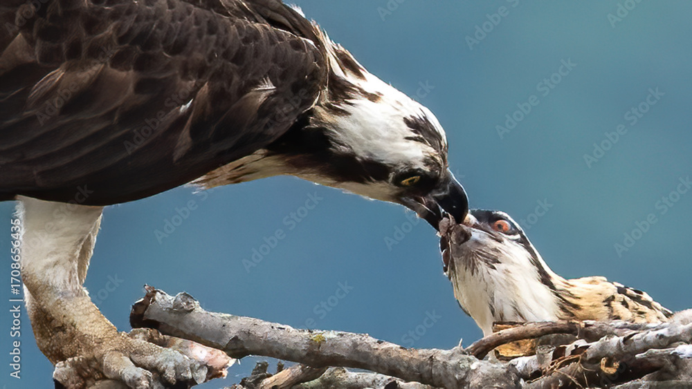 Fototapeta premium Osprey feeding its young in the nest