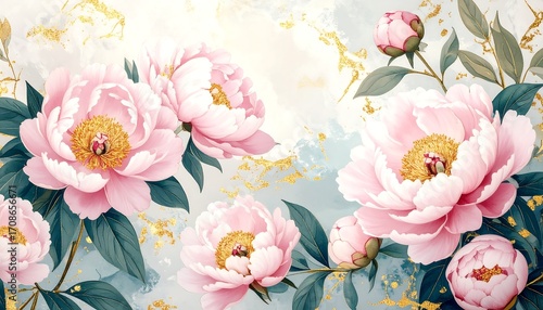 Fototapeta Naklejka Na Ścianę i Meble -  Pastel Pink Peonies with Gold Accents Wallpaper