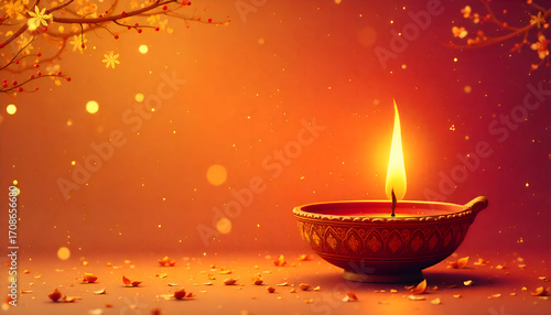 Happy Diwali festival traditional greeting card design with burning diya.
