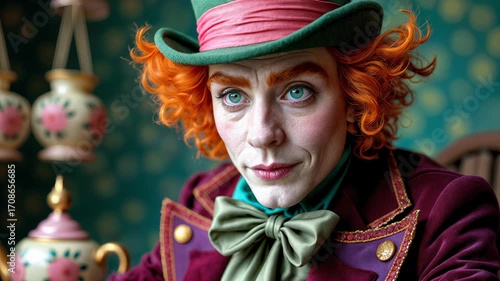 Mad Hatter from Alice in Wonderland in colorful Victorian costume with top hat and bow tie. Fantasy portrait of eccentric tea party host with orange curly hair and theatrical makeup.