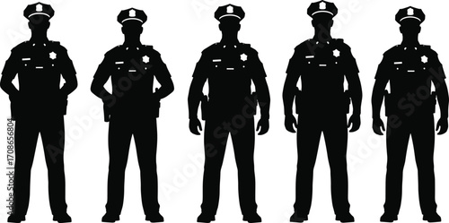 Silhouette of police officers in uniform, standing in row with formal posture, law enforcement icons for authority, security, and design themes