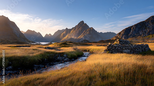  Sunrise over Lofoten's jagged peaks and ancient valley, golden grasslands and winding river, captured with Canon EOS R5.
