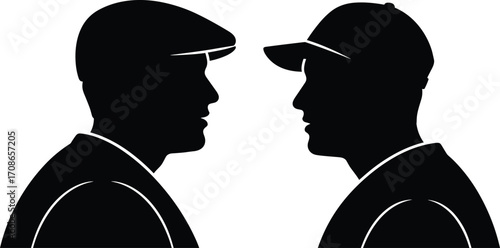 Silhouette of two men facing each other, wearing flat cap and baseball cap, vector illustration for culture, identity, fashion, generational themes