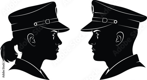 Silhouette of two uniformed individuals facing each other, gender-inclusive profile icons for equality, discipline, authority, and professional design themes