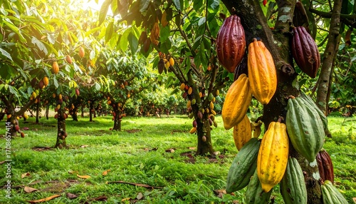 Lush Cocoa Plantation: Ripe Cacao Pods on Trees