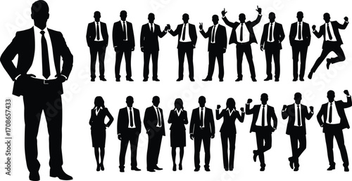 Silhouette set of business professionals in dynamic poses, leadership and teamwork icons for corporate motivation, branding, and design illustration