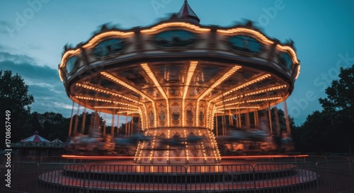 Vintage carousel at dusk, motion blur