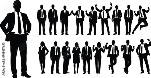 Silhouette set of business professionals in formal attire, confident and dynamic poses for leadership, teamwork, motivation, and corporate design themes
