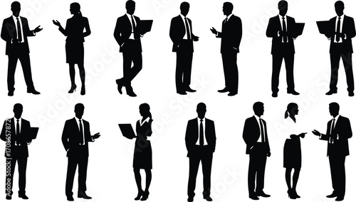 Silhouette set of business professionals in formal attire, workplace gestures and collaboration icons for corporate, communication, branding, and design