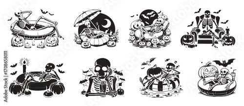 Skeletons Relaxing and Celebrating Halloween skull