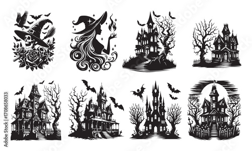 Haunted Houses and Witchy Halloween Graphics Keywords: haunted house, halloween, witch, hat