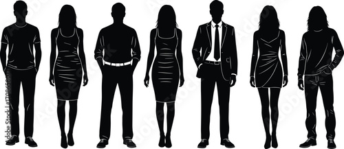 Silhouette set of diverse individuals in casual and formal attire, male and female fashion poses for identity, design, and lifestyle themes