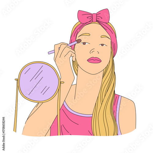Beautiful young woman with headband in front of mirror doing makeup. Cute girl paints eyelids with a brush for shadows. She takes care of herself. Vector illustration, flat style. Hand drawn.