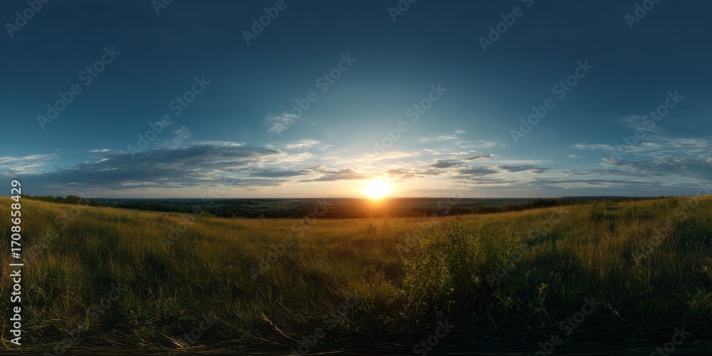 Obraz premium Golden hour panorama of exported open grassland in hdr with stunning skies and nature's beauty