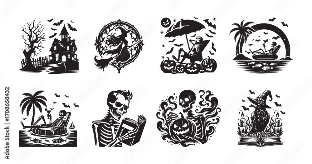Naklejka premium Halloween Silhouettes Haunted House Witch Skeleton Beach Vacation Keywords: Halloween
