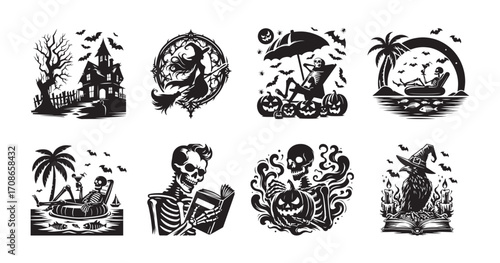 Halloween Silhouettes Haunted House Witch Skeleton Beach Vacation Keywords: Halloween