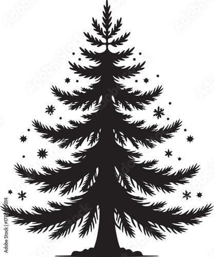 Detailed black silhouette of a pine tree with intricate branches and needles
