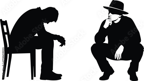 Silhouettes of seated and squatting figures in contemplative postures, emotional body language, vector illustration for introspection, mood, thought, solitude themes