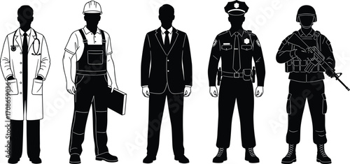Silhouettes of diverse professionals in uniform—doctor, engineer, businessperson, police officer, soldier—vector illustration for career, identity, occupation, teamwork themes