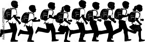 Group of children carrying school bags going to school silhouette