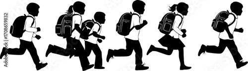 Group of children carrying school bags going to school silhouette