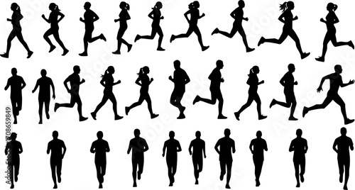 Running people silhouettes collection, Running man and woman silhouettes