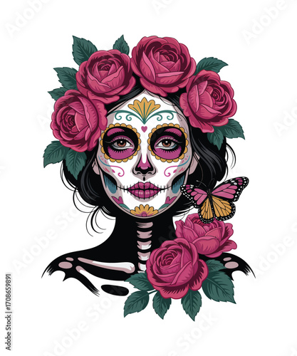 Sugar skull woman with roses and butterfly day of the dead